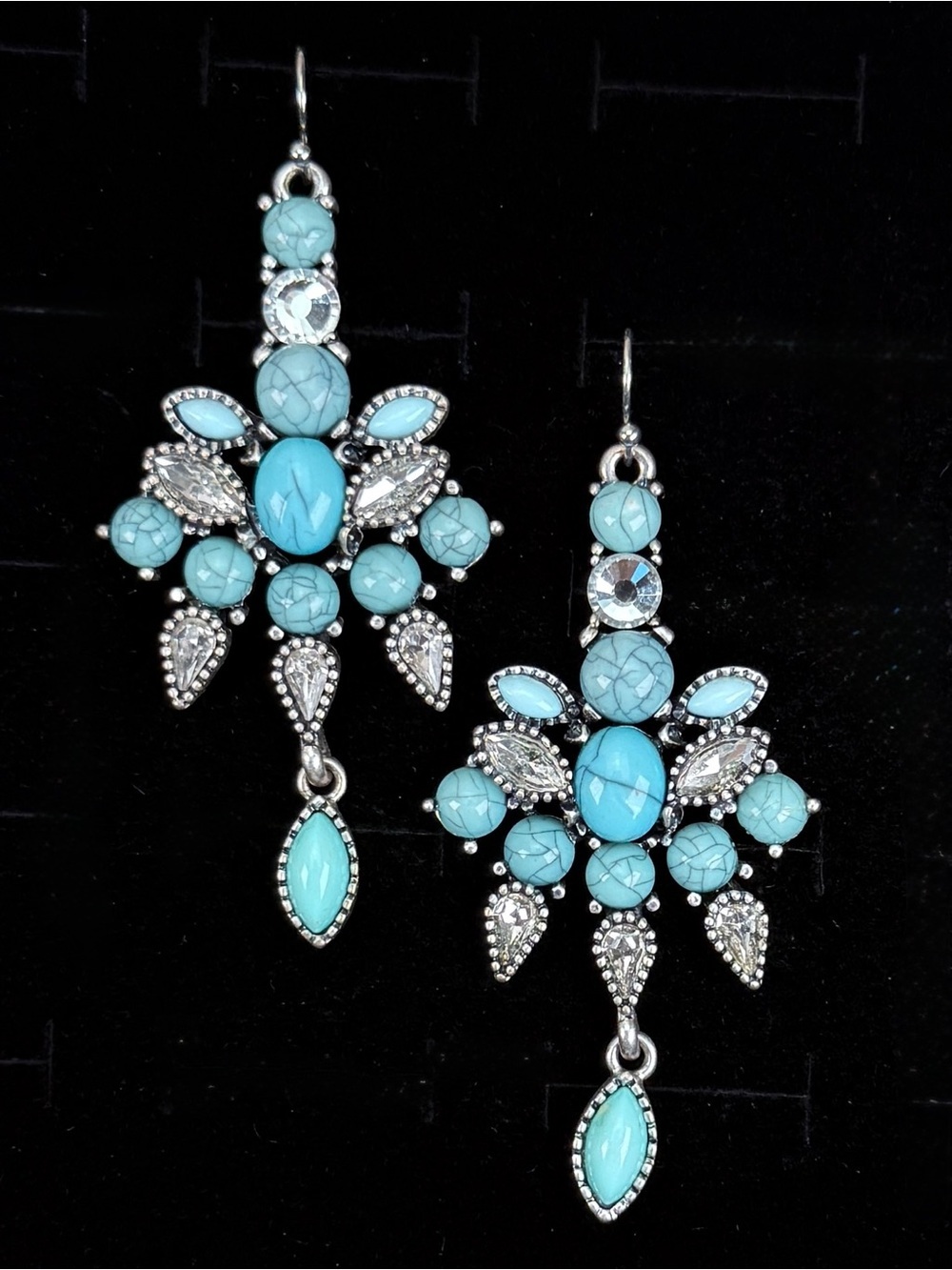 Vintage Silvertone Faux Turquoise Blue Bling weighted Pierced Earrings